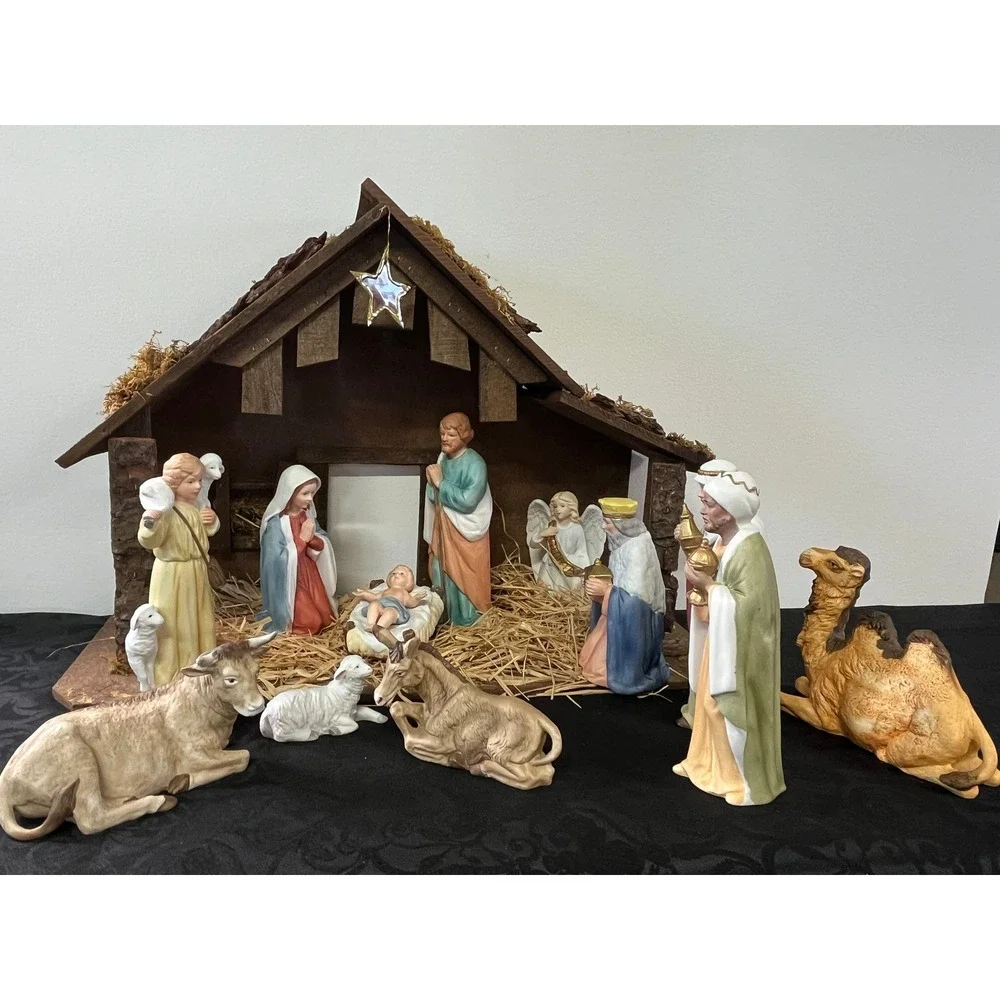Homco 13 Pc Porcelain Nativity Set w/ Rustic Wooden Stable & Figurines 5270